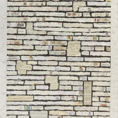 Josef Hampl, Dopisy z cyklu Písmo, 100x70 cm, šitá koláž na plátně, 1996